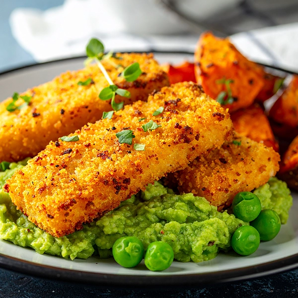 Homemade Cod Fingers with Mushy Peas and Sweet Potato
